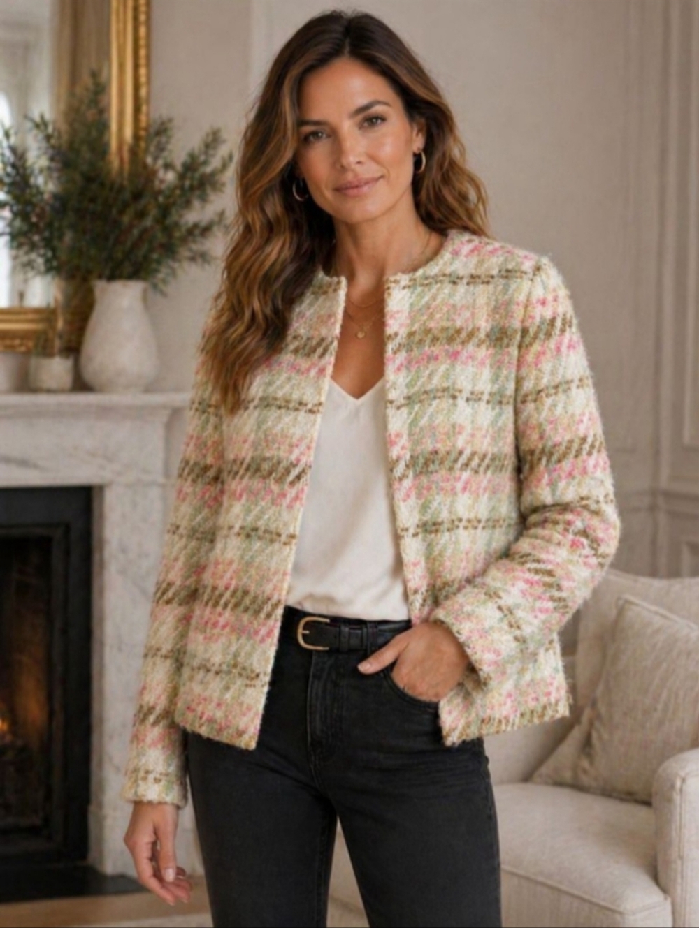 Clarissa Tweed Blazer White Pink Green Women’s Plus 14